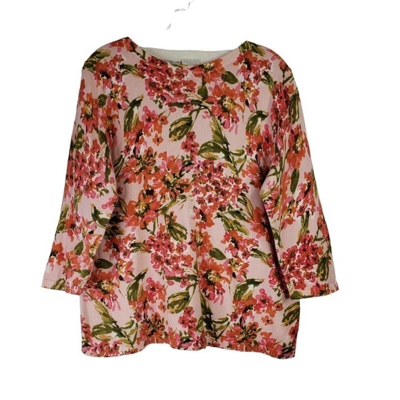 Talbots Sweater Women's Large Petite Pink Floral Print 3/4 Sleeve Pullover - Picture 2 of 7